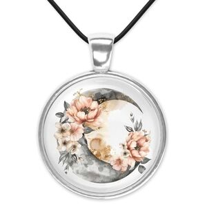 Floral Moon Pendant Black Cord  Necklace